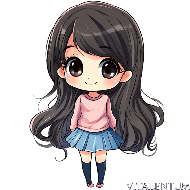 Adorable Chibi Girl in Pink and Blue Ensemble AI Image