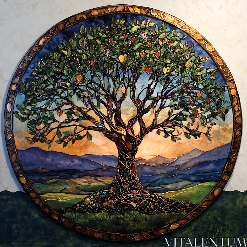 AI ART Circular Tree with Heart Shaped Leaves