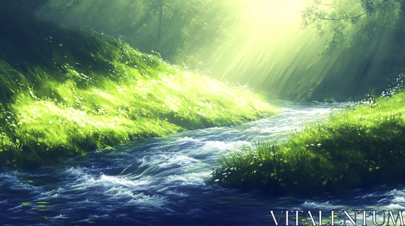 Peaceful Forest River Under Sunlight AI Image