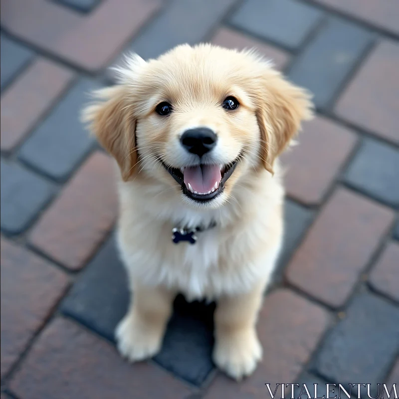 Charming Golden Retriever Puppy on Brick Path AI Image