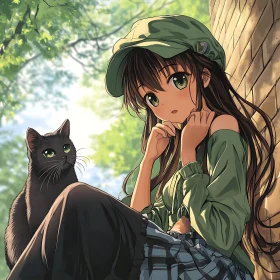 Charming Anime Scene with Girl and Cat Outdoors