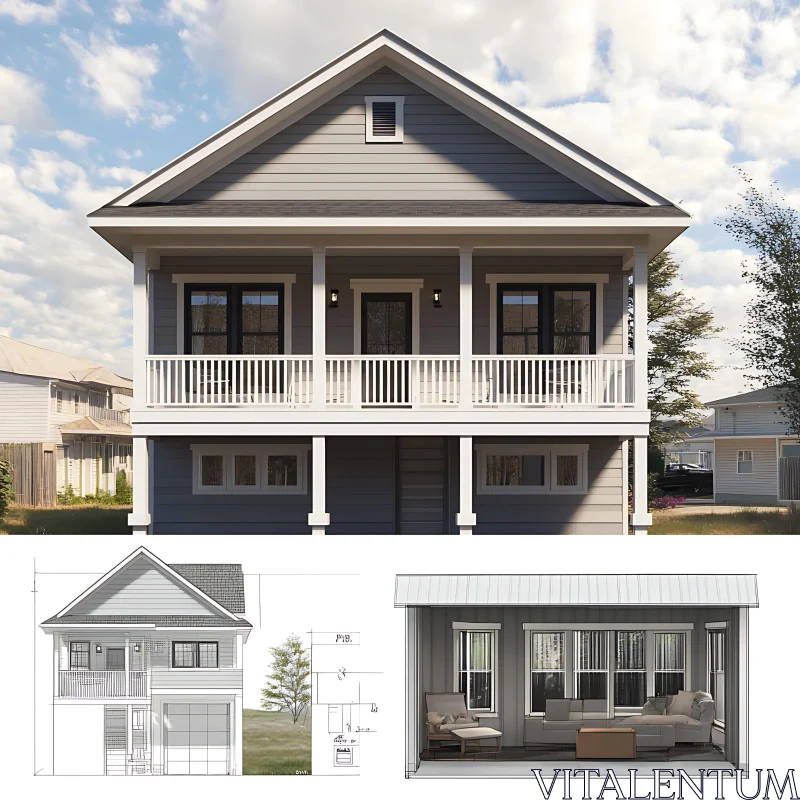 AI ART Grey Two-Story House with Porch and Blueprints