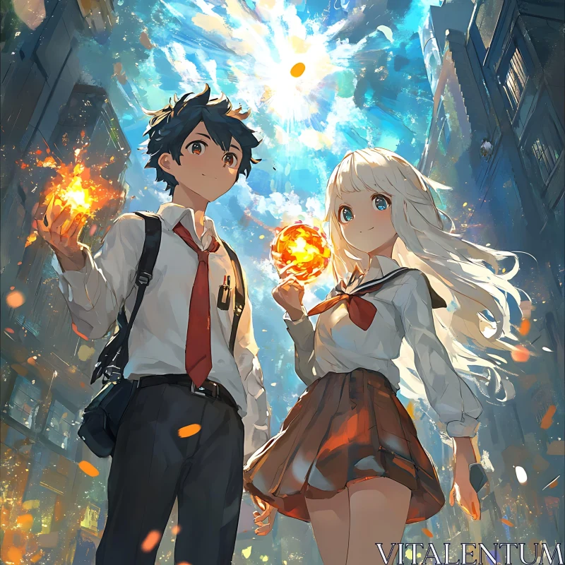 AI ART Magical Anime Cityscape with Fiery Orbs