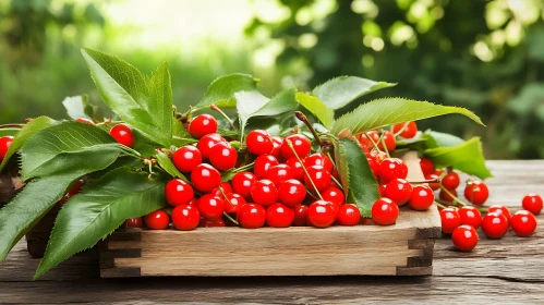 Ripe Cherries with Green Leaves