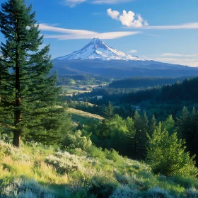 Snowy Mountain Over Green Forest