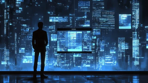 Silhouette Gazing at Glowing Data Wall