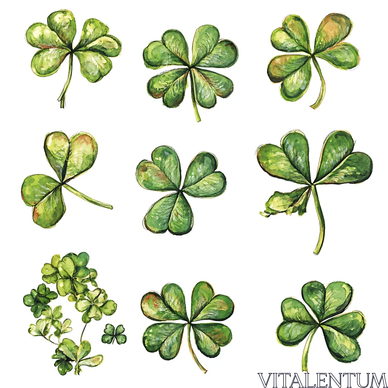 AI ART Lucky Green Clover Leaves Watercolor Art