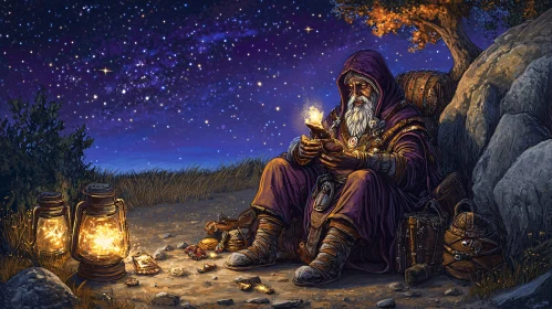 Enchanting Night Scene with Wizard