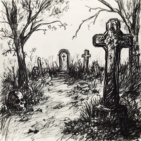 Gothic Graveyard Art with Skull