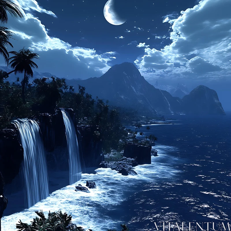 Tranquil Waterfall at Night AI Image