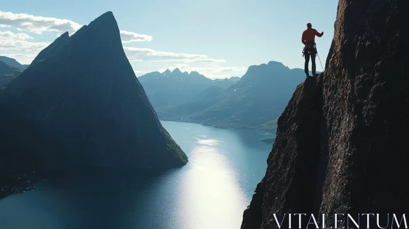 Climber on Mountain Peak Overlooking Lake AI Image