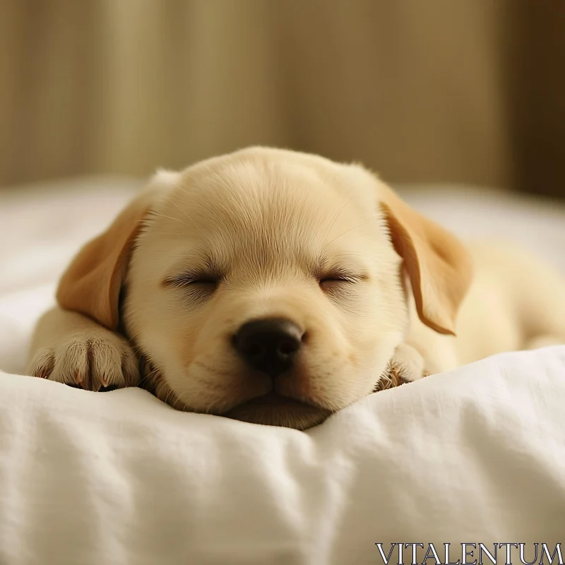 Cute Golden Puppy Sleeping on White Bed AI Image