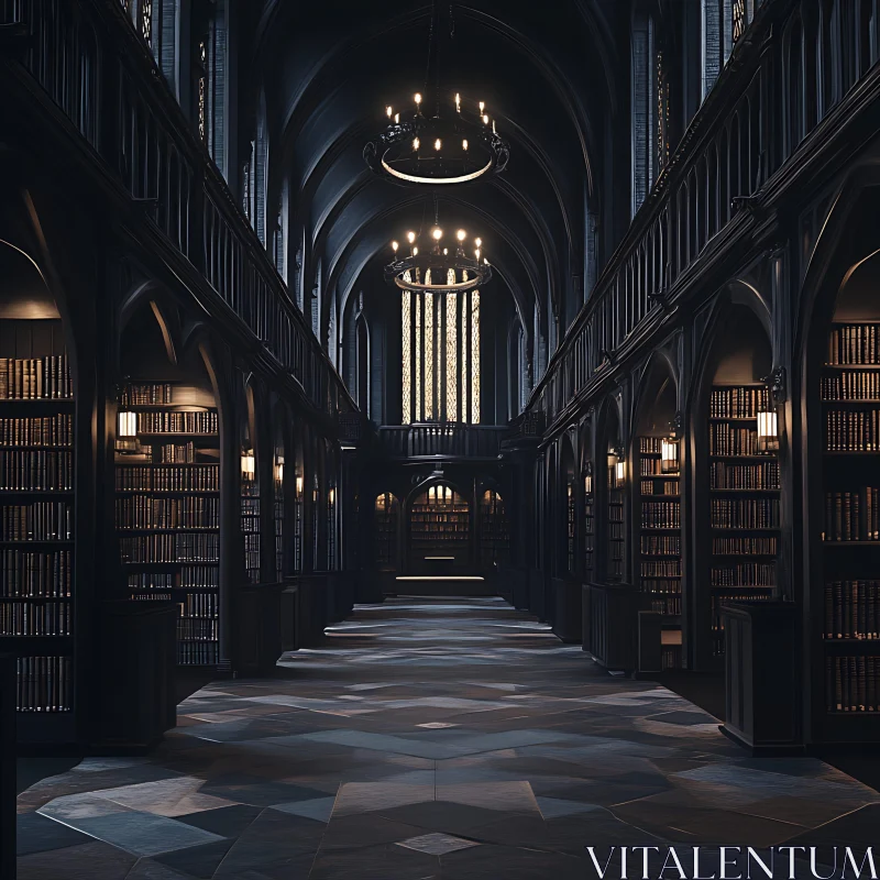 Historic Gothic Library Interior with Bookshelves and Warm Lighting AI Image