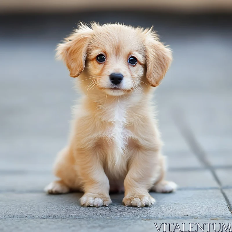 Cute Fluffy Brown Puppy Sitting on Paved Surface AI Image