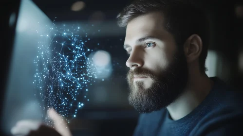 Focused Man with Glowing Data Network
