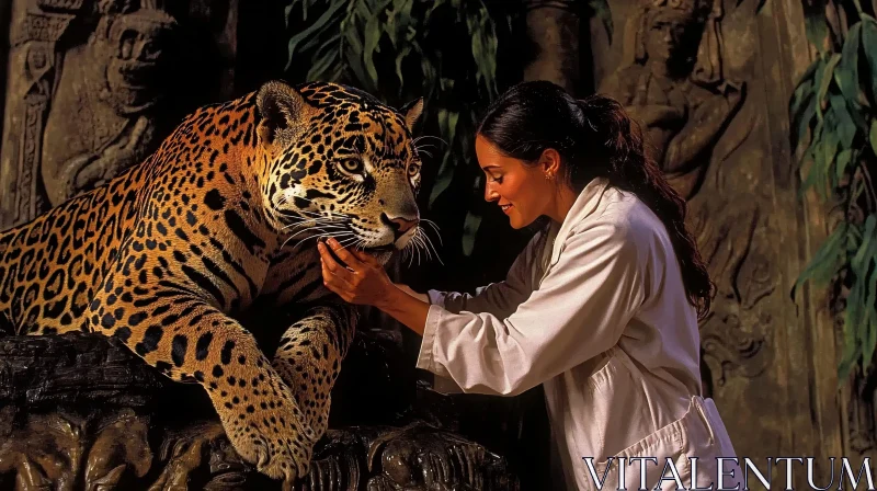 Gentle Encounter: Woman and Jaguar Portrait AI Image