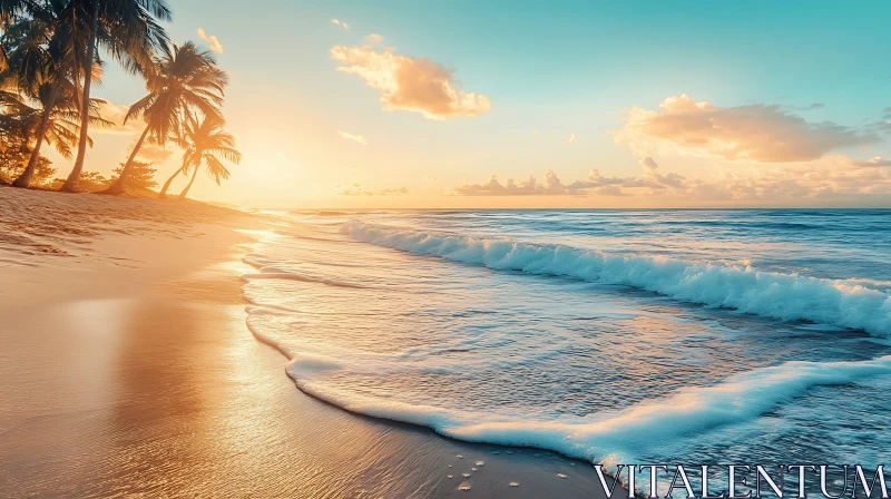 Tropical Beach at Sunrise with Palm Trees AI Image