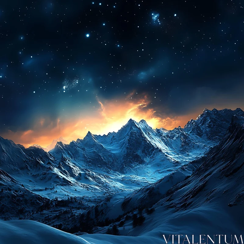 AI ART Winter Mountain Range at Night