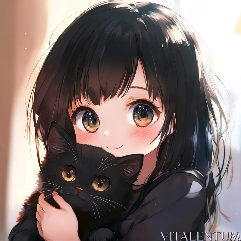 Adorable Anime Girl and Her Black Cat AI Image