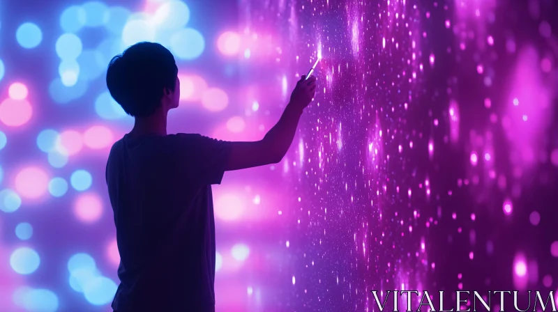 AI ART Person Touching Sparkling Lights on Wall