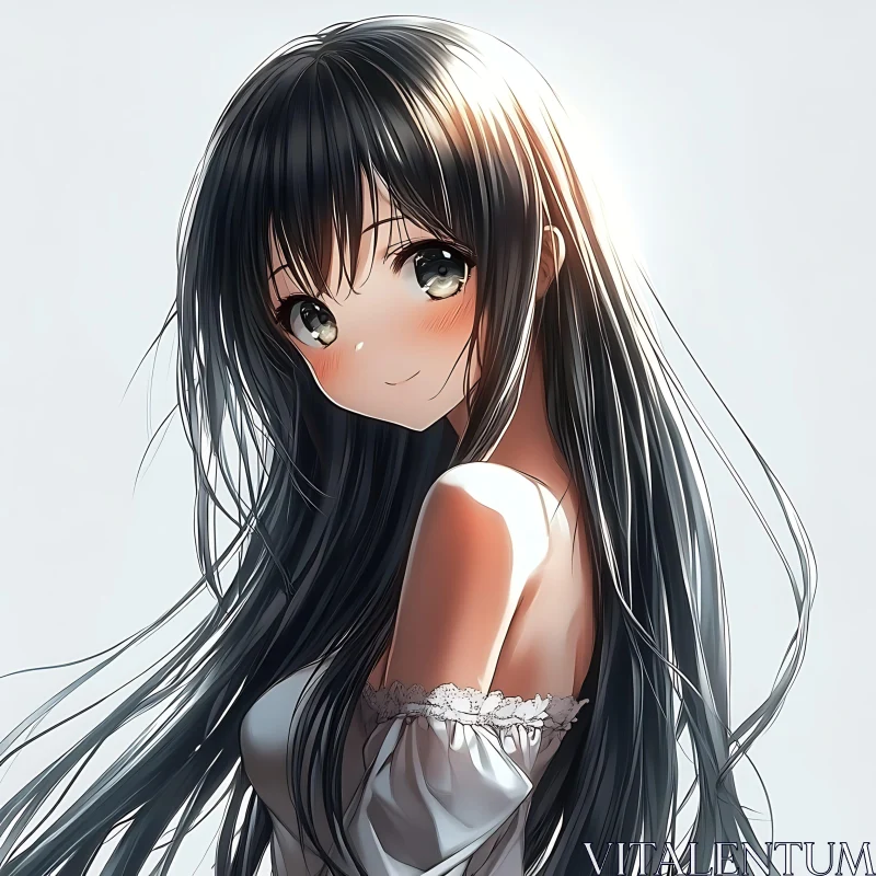 Softly Smiling Anime Girl in Lace-Trimmed Dress AI Image