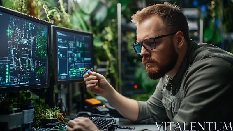 Man Inspecting Circuitry with Monitors AI Image