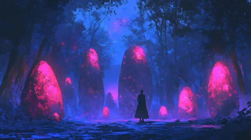 Mystic Forest with Illuminated Stones