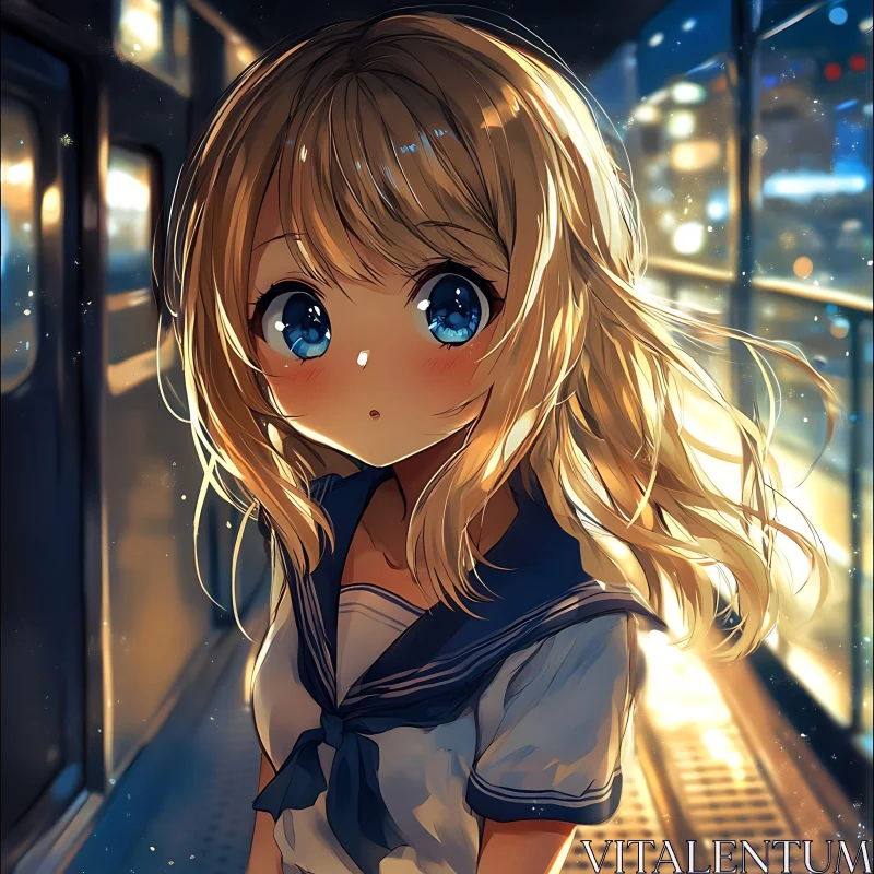 Anime Girl on Night Train Platform AI Image