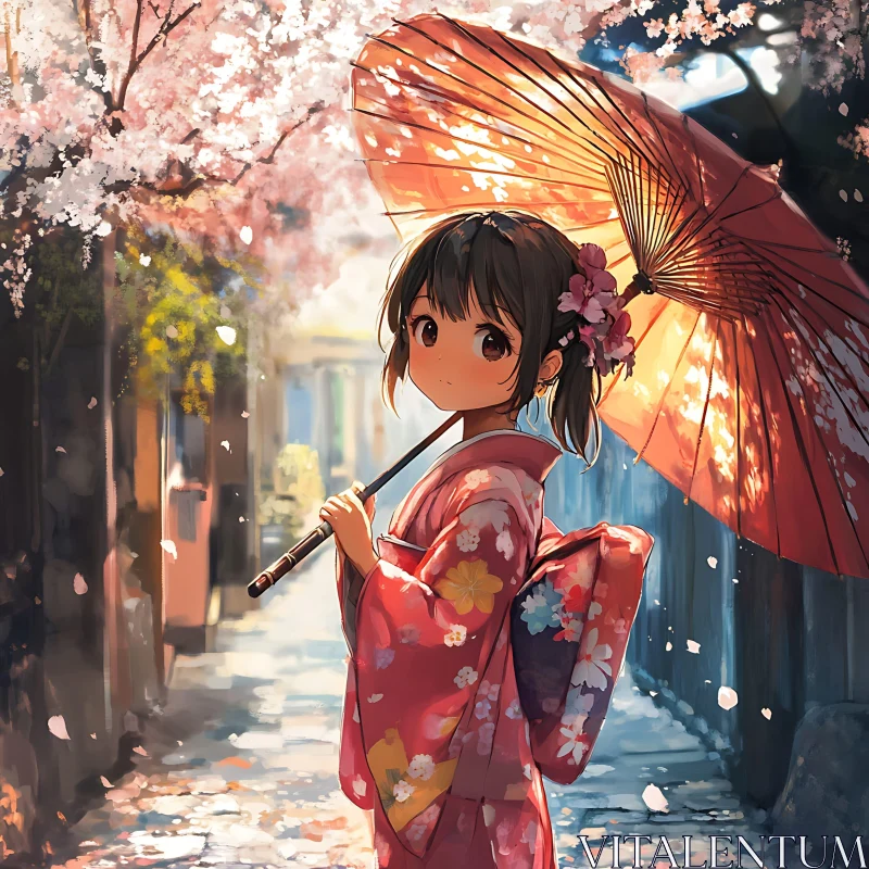 Japanese Girl with Red Umbrella in Spring AI Image