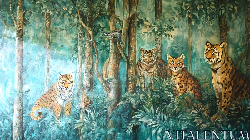 Wild Felines in Forest AI Image