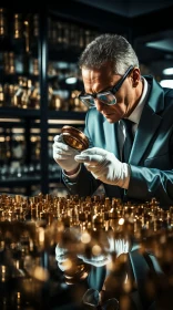 Businessman Inspecting Gold Coins in Scientific Ambiance