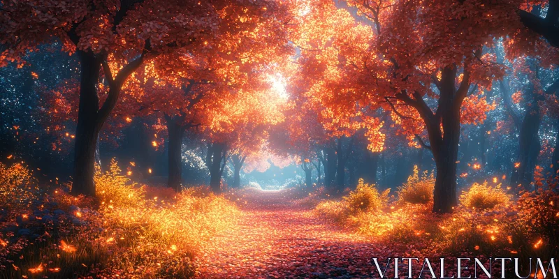 AI ART Autumn Pathway with Glowing Trees and Leaves