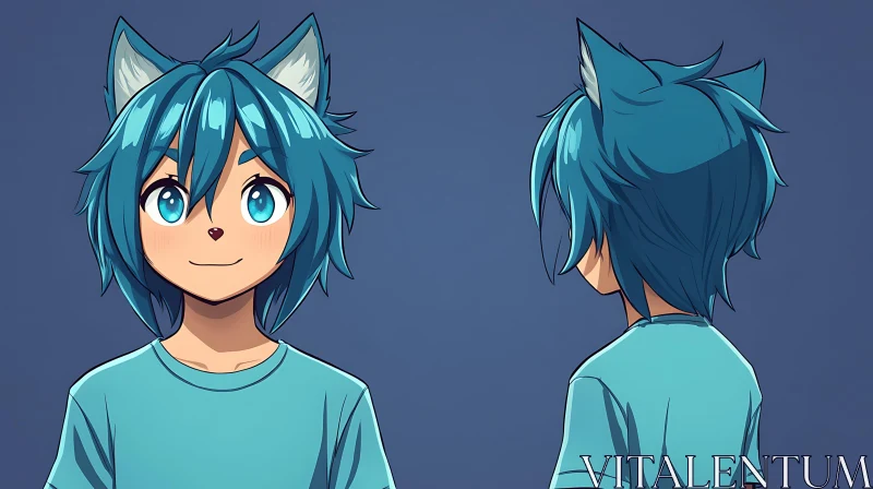 Anime Figure with Fox Ears and Blue Hair - Dual Perspective AI Image