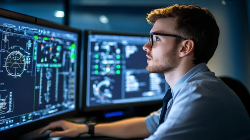 Man Analyzing Data on Computer Monitors