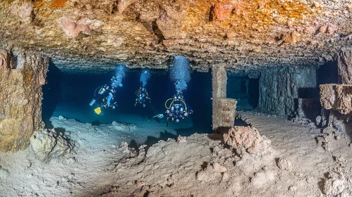 Scuba Divers in Submerged Cave