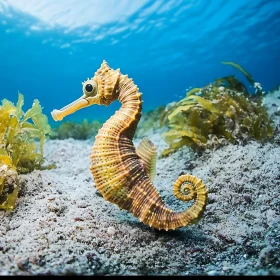 Golden Seahorse Resting on Ocean Floor