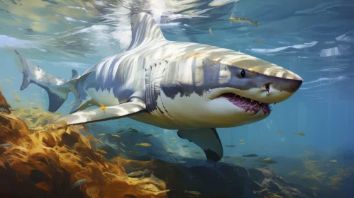 White Shark Swimming in Amber Ocean Depths