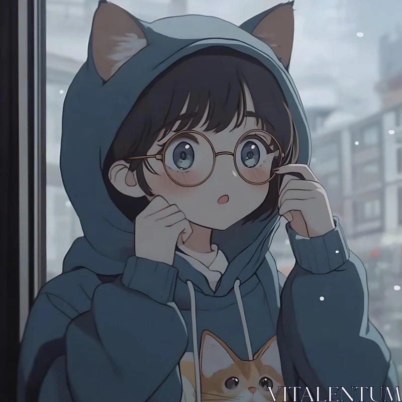 Adorable Anime Girl in Blue Hoodie and Glasses AI Image