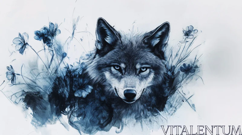 AI ART Blue Wolf and Flowers Artwork