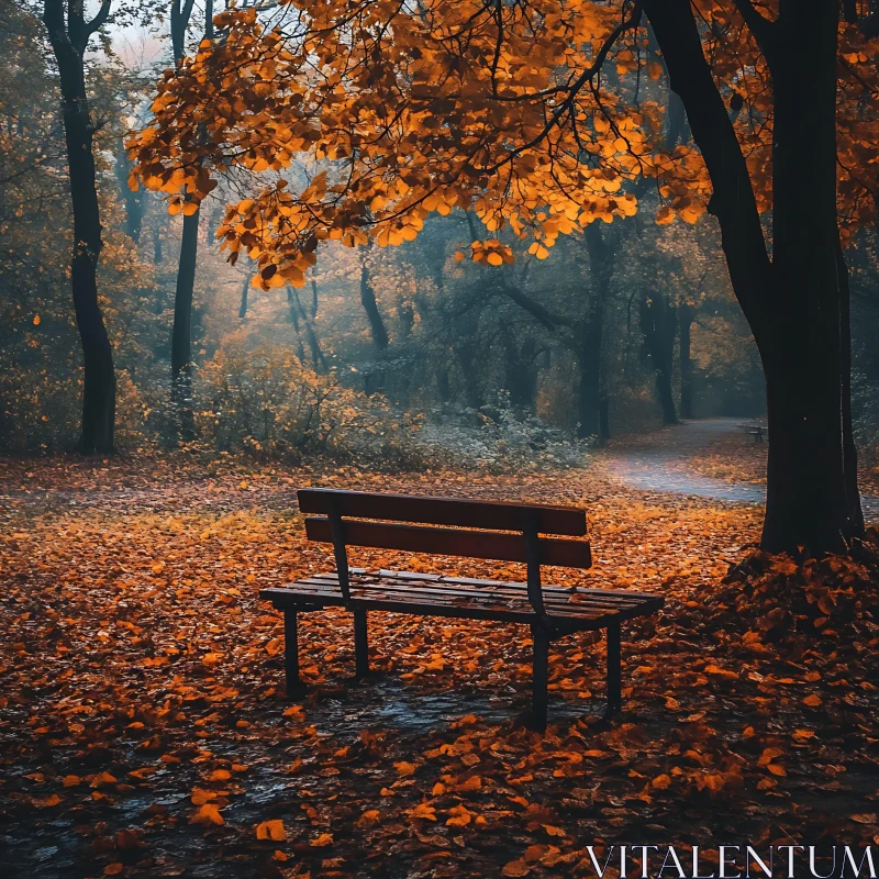 AI ART Serene Autumn Park Scene with Wooden Bench and Pathway