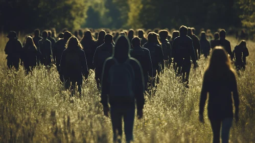 Figures Walking Through Golden Field