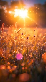 Grassy Field Illuminated by Setting Sun