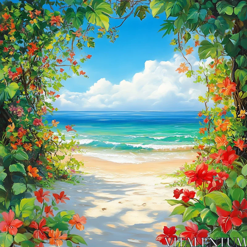 AI ART Tropical Beach with Red Flowers