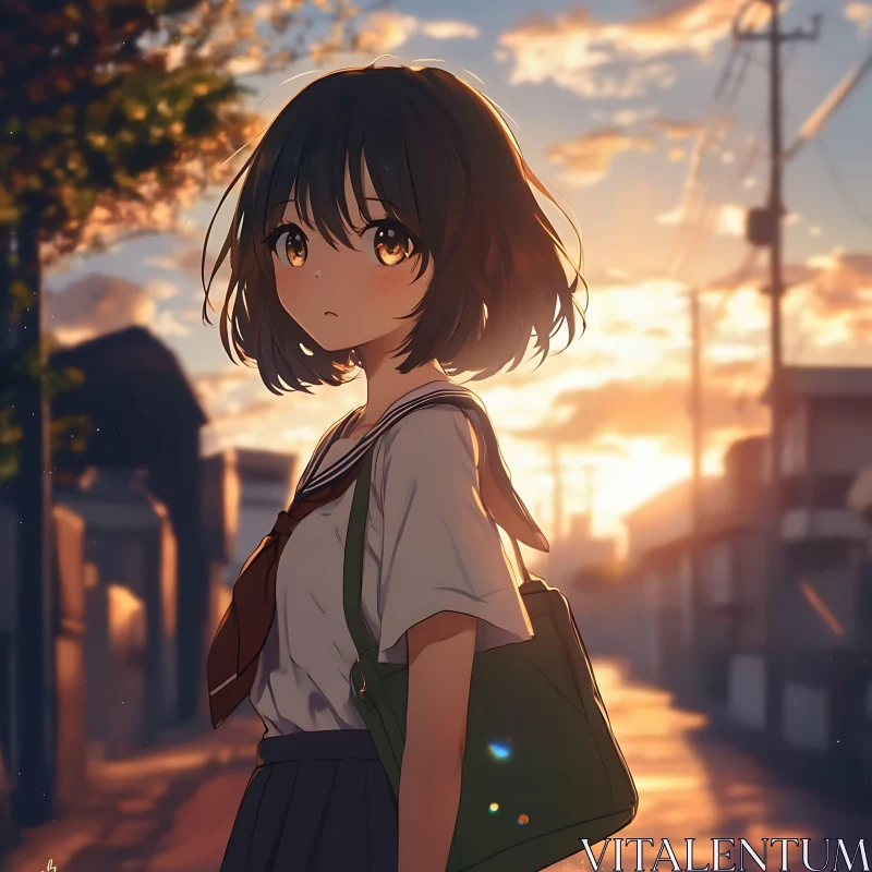 Anime Girl at Sunset on a Street AI Image