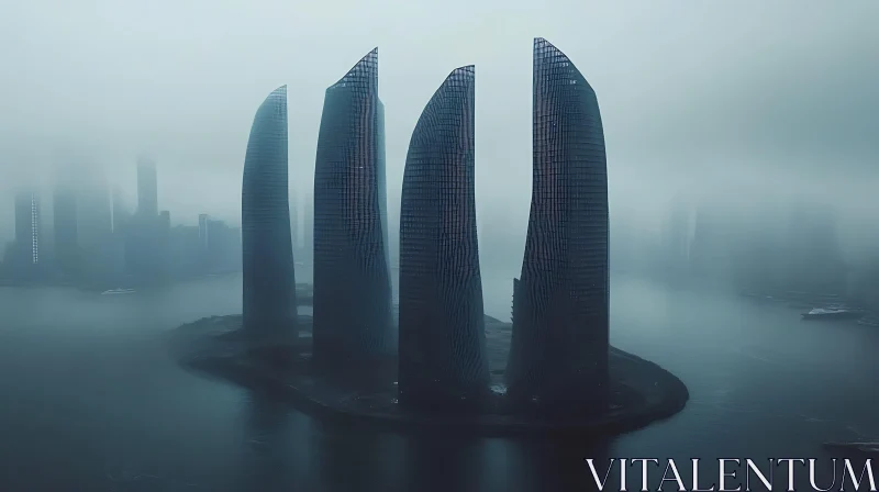 High-Tech Skyline Enveloped in Mist AI Image