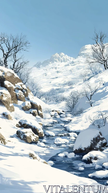 AI ART Snowy Mountain Scene with Flowing Stream and Clear Sky