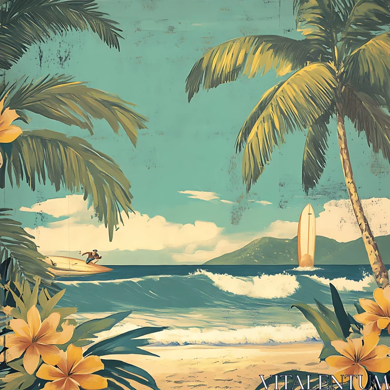 Tropical Beach Scene with Surfers AI Image