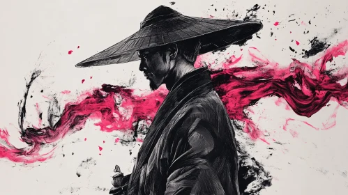 Contemplative Samurai Illustration with Red Ink Swirls