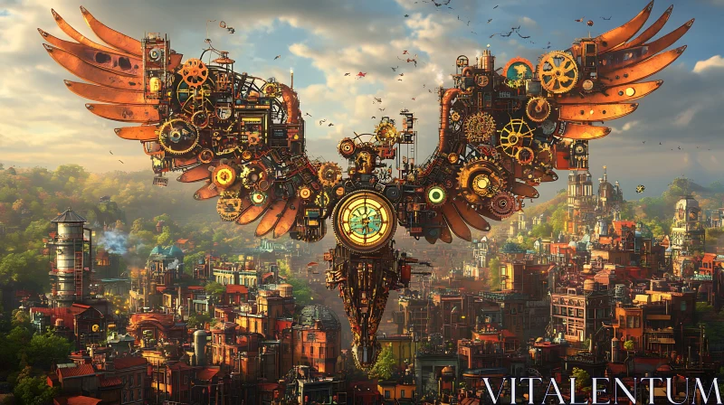 AI ART Clockwork Bird in Flight Above City