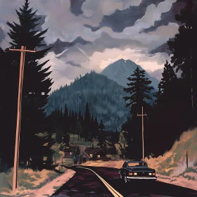 Scenic Mountain Road with Car Art